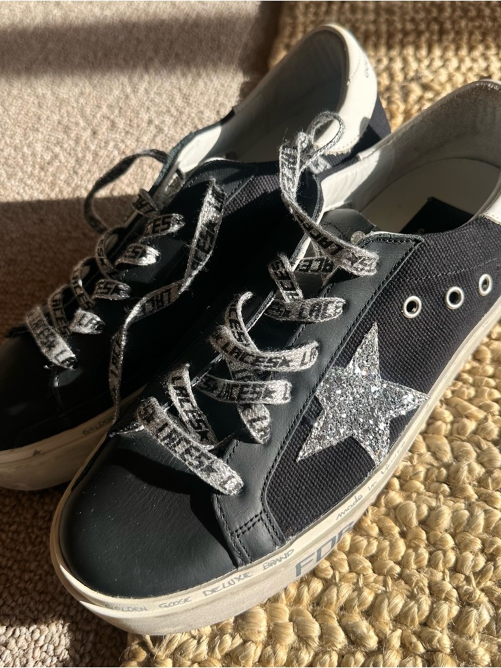 GOLDEN GOOSE Italian made leather & canvas Black Glitter Star Low-Top Sneakers